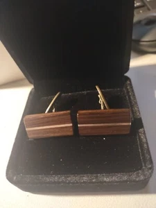 Men's Stainless Steel and Wood Inlay Rectangular Cuff Links - Picture 1 of 5