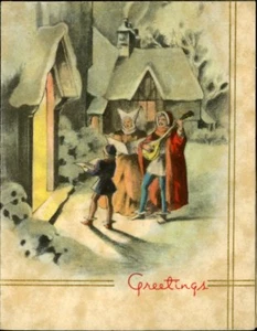 Vintage Christmas Card Art Deco Singing Minstrels Snow Covered Cottages Used  - Picture 1 of 2