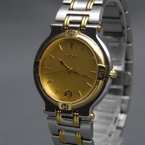 【EXC+5】 GUCCI 9000G Orologio Uomo Quarzo Quadrante Oro Bicolore Argento Data 34mm