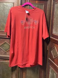 RED TEE SHIRT WITH RED WHITE AND BLUE GLITTER BEADS AND SAYS AMERICA SIZE L NWT - Picture 1 of 10