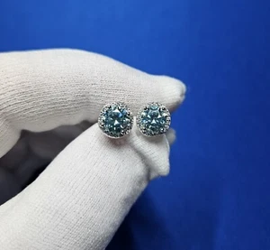 Mens Ladies Halo Moissanite Stud Earrings 1ct 2ct Ice Blue GRA Certified Pair - Picture 1 of 4