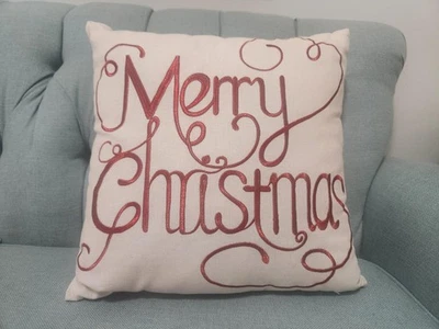 Merry Christmas Red Embroidered Linen/Cotton Pillow Royal Standard 18" x 18"   - Image 1 of 4