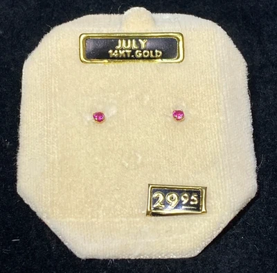 Vtg Baby 14K YELLOW GOLD July Ruby Birth Stone PIERCED STUD EARRINGS SCREW BACK - Image 1 of 4
