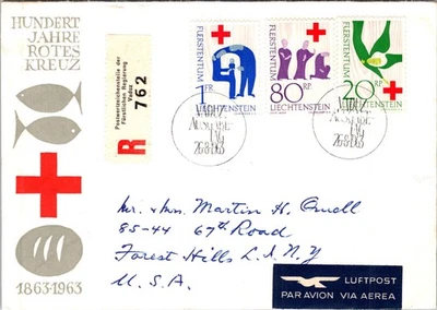 LIECHTENSTEIN 1963 CACHET FDC REG AIRMAIL COVER RED CROSS ADDR & POSTMARK VADUZ - Image 1 of 2