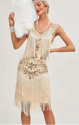 FLAPPER 1920s DRESS-LGE Fringed, Sequined, Apricot Tank Dress, Vintage Style - Image 1 of 4