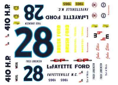 #28 Fred Lorenzen Lafayette Ford 1965 1/25th - 1/24th Scale Waterslide Decals - Image 1 of 2