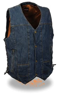 Men's DM1989 Blue Classic 8 Pocket Snap Front Denim Vest w/ Side Lace Gun Pocket - Picture 1 of 3