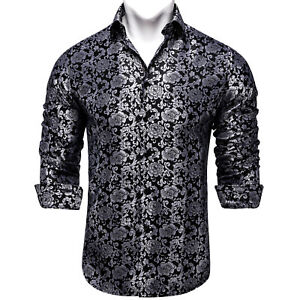 Mens Casual Long Sleeve Shirt Silk Colorful Paisley Button Up Dress Shirts 3XL