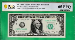 $1 Federal Reserve note BINARY FANCY 35535333 Serial Number Fr. 1932-E PCGS 65 - Picture 1 of 3