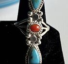 Sterling Silver Turquoise Coral 3 Stones  Pointer Ring