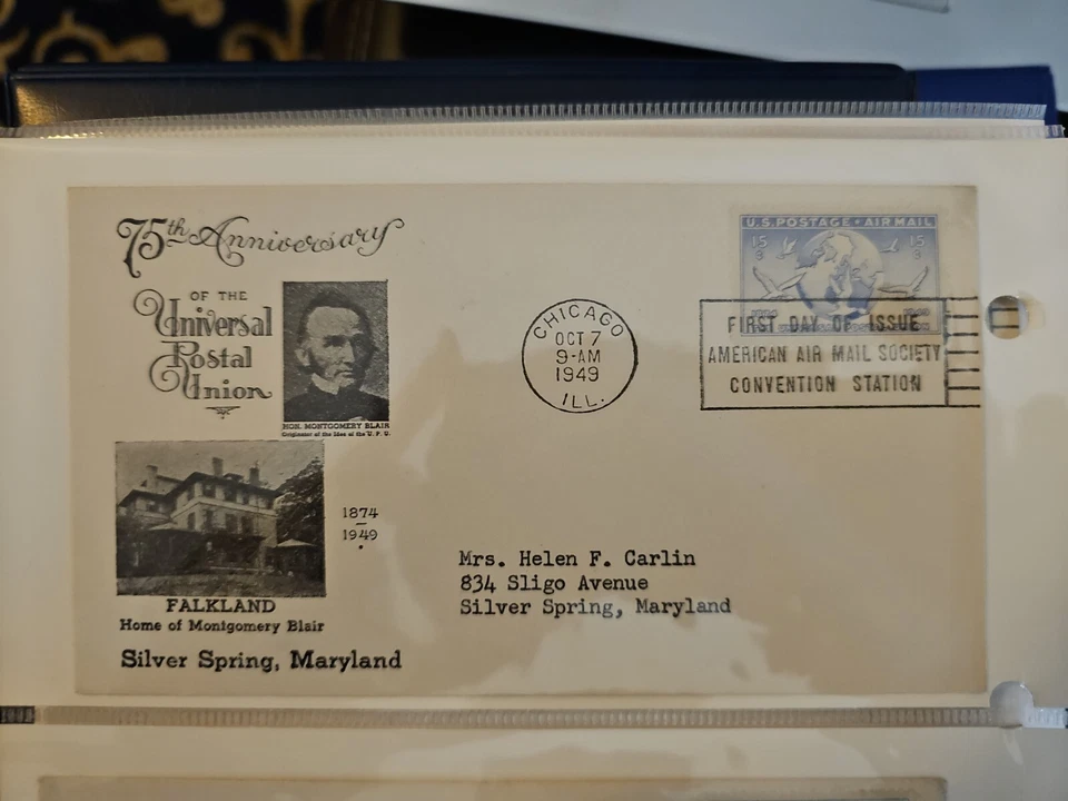 Sello FDOI 1949 75 aniversario de la Unión Postal Universal, Scott C43, 15c Foto 1 de 1