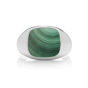 Men's Malachite Cushion Signet Ring Gents Sterling Silver Fully Hallmarked - Picture 1 of 3