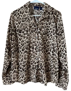 Gloria Vanderbilt Animal Print Button-Up Blouse Womens Petite XL Rhinestones - Picture 1 of 7