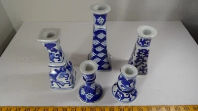 Silvestri Taper Candle Holders Vintage Set of 5 Blue & White Ceramic - Image 1 of 4