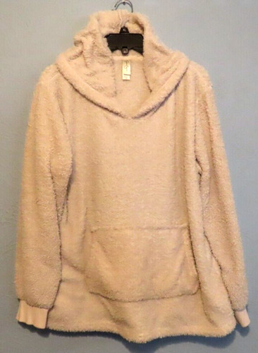 OFF WHITE Felpa donna pullover Jessica Simpson con cappuccio taglia XL panna scollo a V fuzzy sherpa
