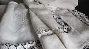 Toller antiker französischer Leinen Bettbezug/Laken Massen aus Spitze Mono PB - Bild 1 von 18