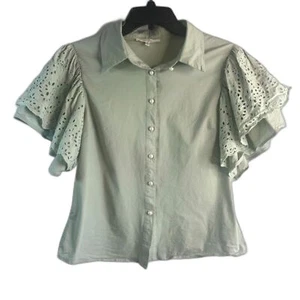 Pastel Mint Green Flutter Eyelet Sleeve Pearl Button Blouse Girl's Size Large - Picture 1 of 8