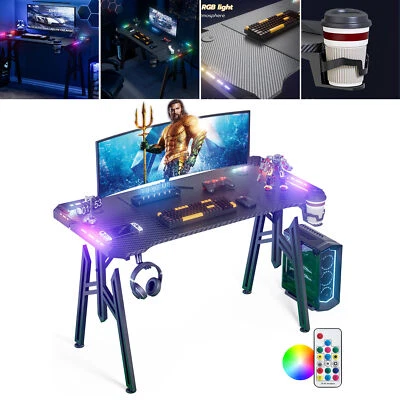 Gaming Schreibtisch 120/140 cm RGB LED Ergonomischer Computertisch PC Tisch NEU - Bild 1 von 4