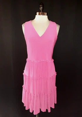 TOMMY HILFIGER Size 12 Shift Dress Pink Tiered Ruffles Sleeveless Stretch Knit - Image 1 of 4