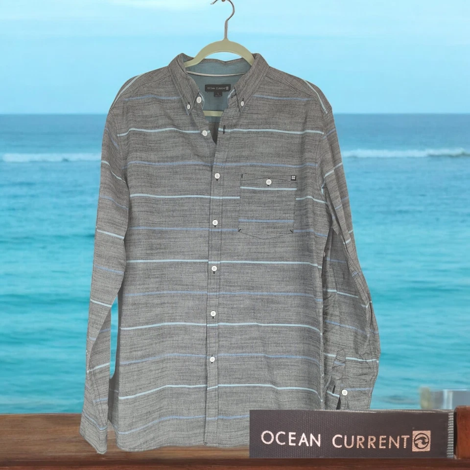 Ocean Current Long Sleeve Button Down shirt Mens L Gray Stripe - Image 1 of 4