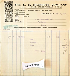 Adv. 1918 BILLHEAD ATHOL MASS. L.S. Starrett Co. Herramientas mecánicas - Imagen 1 de 1