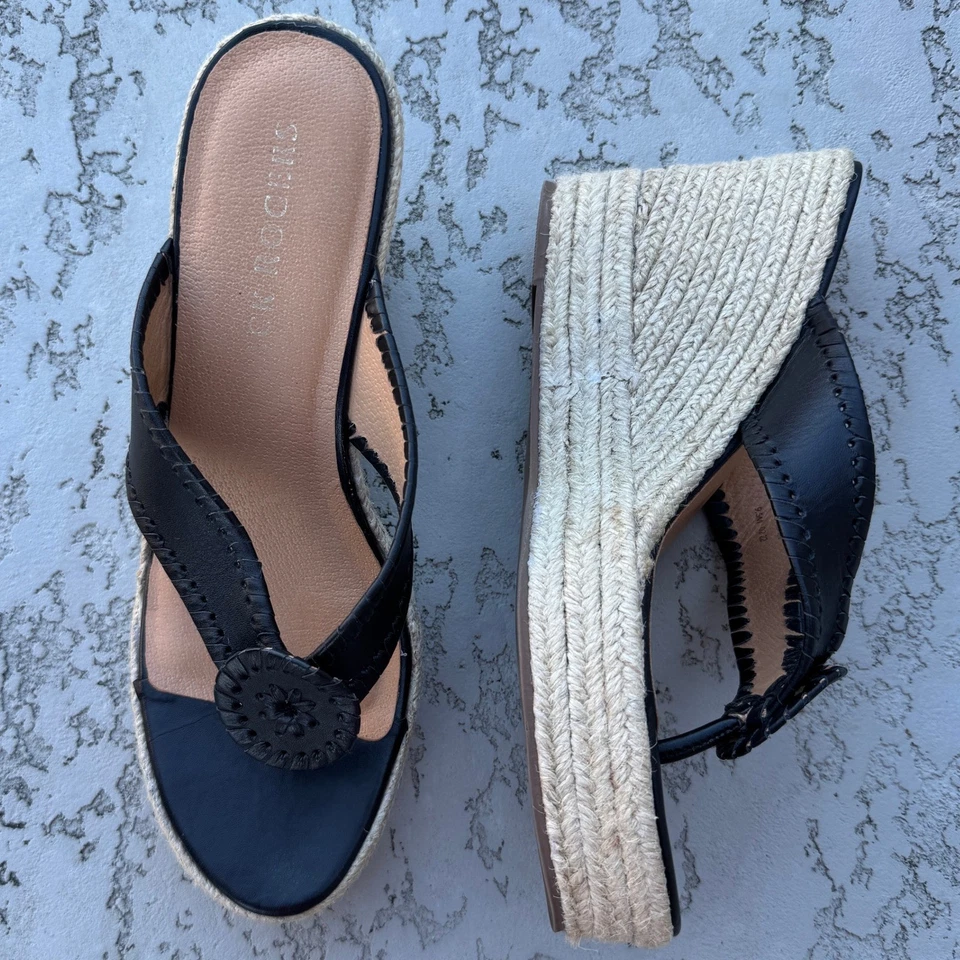 Jack Rogers Women's Black Leather Espadrille Wedge Sandals Flip Flops Size 9.5M - Image 1 of 4