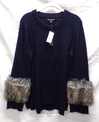 Suéter para mujer BANANA REPUBLIC azul marino ribete de piel sintética mezcla de lana ~ talla L Foto 1 de 4