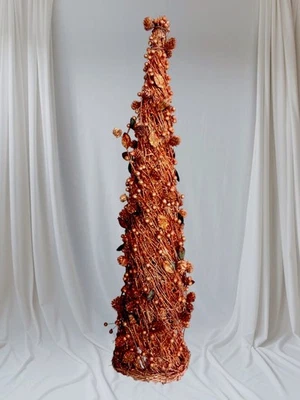 Albero Di Natale cm 90 Decoro A Intreccio Con Palline E Foglie Color Rame - Immagine 1 di 2