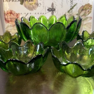 Blenko 14 Petals Glass Serving Bowl + 4 Salad Emerald Green MCM RARE SET of 5 - Picture 1 of 7