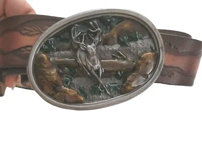 Cinturón Bergamota Brass Works Hebilla Cuero Mecanizado 52" L 1983 G-145 Ciervo De Colección Foto 1 de 4