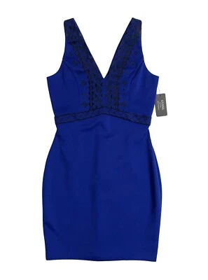 Guess Blue Dress Embroidered V Neck Scuba Knit Mini Sheath Dress SZ 8 NWT $108 - Image 1 of 4