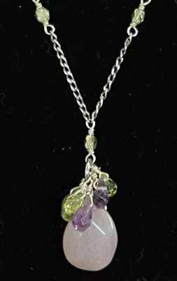 Colar de freio de prata esterlina 925 pingente aglomerado de peridoto ametista quartzo rosa - Imagem 1 de 4