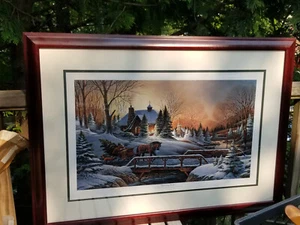 FRAMED VINTAGE PRINT SIGNED HEADING HOME  CHRISTMAS SCENE TERRY REDLIN 35" X 25" - Picture 1 of 24
