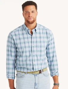 Nautica Mens Big & Tall Plaid Shirt - Riviera Blue - Cotton -Long Sleeve - NWT - Picture 1 of 5