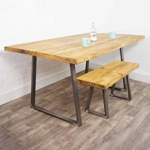 Dining Table Wooden Solid Kitchen Oak Style Furniture Metal Trapezium Steel Legs - Picture 1 of 4