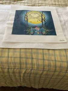 DEDE HP NEEDLEPOINT SCARECROW UNDER THE MOON WITH BATS #1259 - Picture 1 of 8