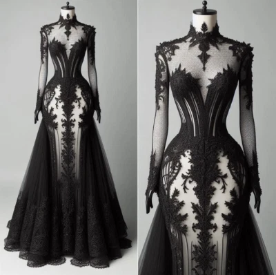 Gothic Black Lace Appliques Wedding Dresses Long Sleeves High Neck Bridal Gowns - Image 1 of 4