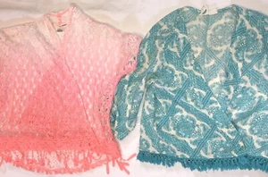 ROXY GIRL ~ SELF ESTEEM Sz M 8 Coral Crochet and Turquoise Fringe Wrap Top BOHO - Picture 1 of 7