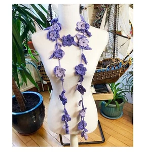 Hand crochet purple shades garland flowered fancy necklace-handmade gift - Picture 1 of 6