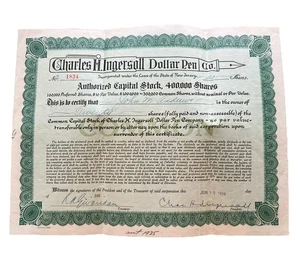 1920 - Charles H. Ingersoll Dollar Pen Co. - Certificado de stock - Imagen 1 de 12