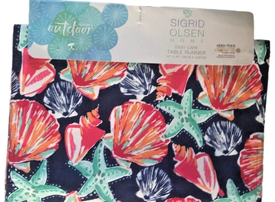 Sigrid Olsen Table Runner 15x90 Beach Seashells Reversible Indoor Outdoor Navy - Image 1 of 4