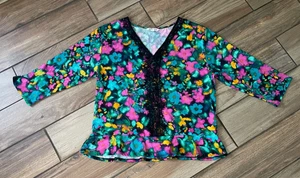 Pioneer Woman Floral Top 3/4 Sleeves Sz Large Turquoise Pink Peplum Lace Accents - Picture 1 of 7