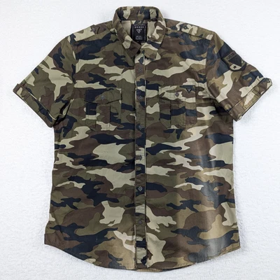 Guess Shirt Mens Large Traditional Camo Gemstone Military Short Sleeve Button Up - Image 1 of 4