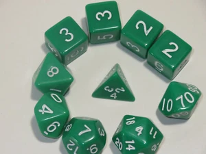 RPG Dice 10pc - Opaque Green - 1 @ D4 D8 D10 D12 D20 D00-10 & 4 D6 - Picture 1 of 9