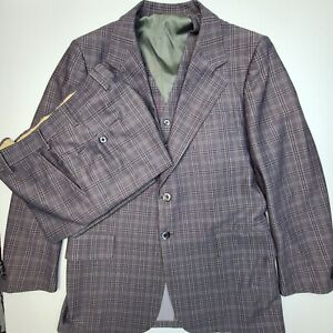 Vintage Sears TravelKnit 3 Piece Mens Gray Plaid Suit Coat Vest Pants 44L 36x32