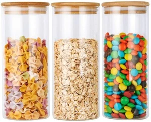 Glass Food Storage Jars Containers With Airtight Bamboo Lids Set Of 3 950ML - Picture 1 of 7