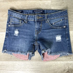 VIGOSS THE JAGGER Denim Shorts Girls 12 Stretch Blue Distressed American Flag - Picture 1 of 10