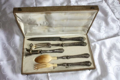 COFFRET COUVERTS À GIGOT ET SALADE EN ARGENT MASSIF FOURRÉ , MINERVE 1ER TITRE. - Photo 1/4