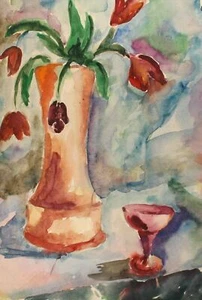 Antique impressionist watercolor painting still life with flowers - Picture 1 of 12