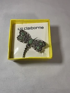 Vintage Liz Claiborne Two Toned Silver Dragonfly Pin With Green Gems.  Marked LC - Picture 1 of 5